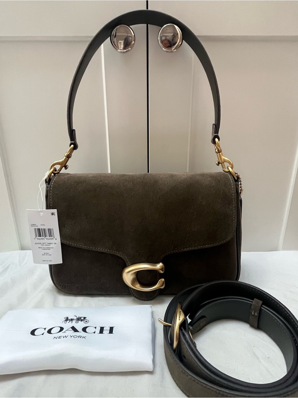 Coach Soft Tabby Olive Green Suede Shoulder Bag with Gold Hardware